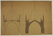 216783 Constructietekeningen van het ontwerp voor een nieuwe spits van de Domtoren te Utrecht; met doorsneden van de ...